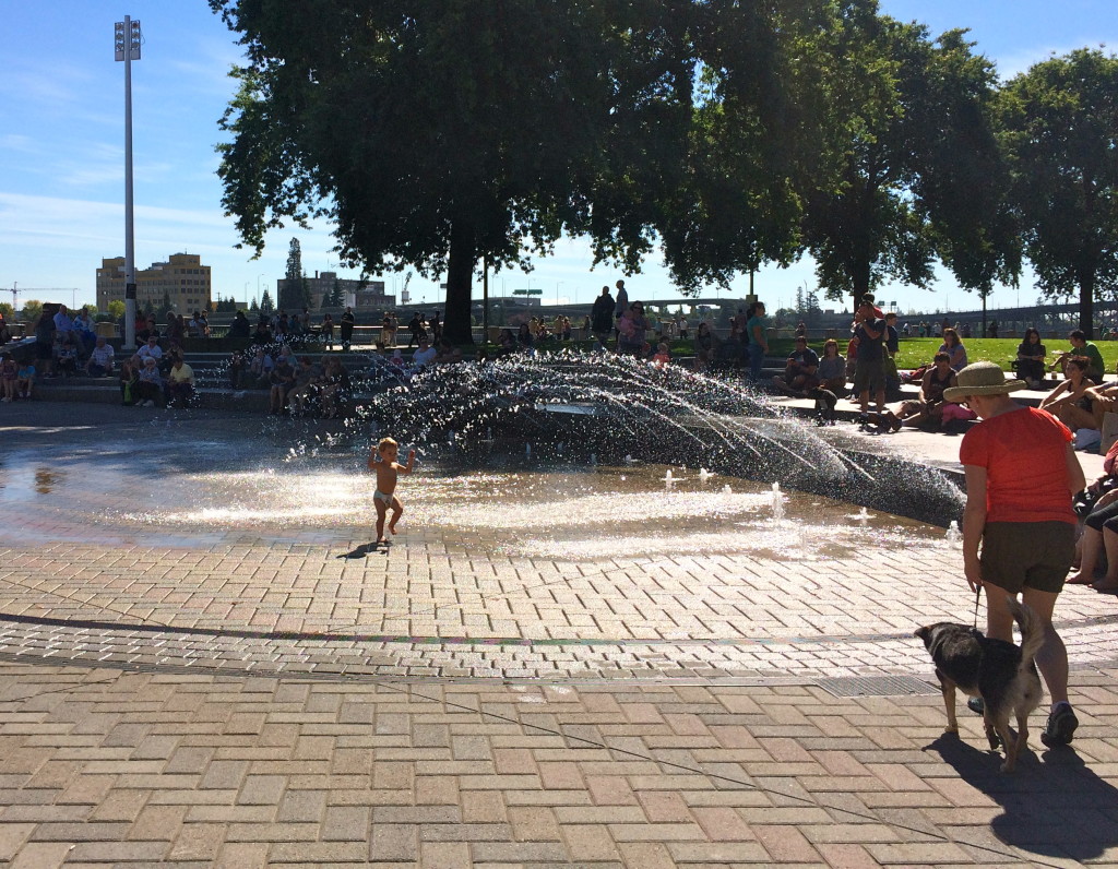 Enjoying the fountain on a sunny, warm day